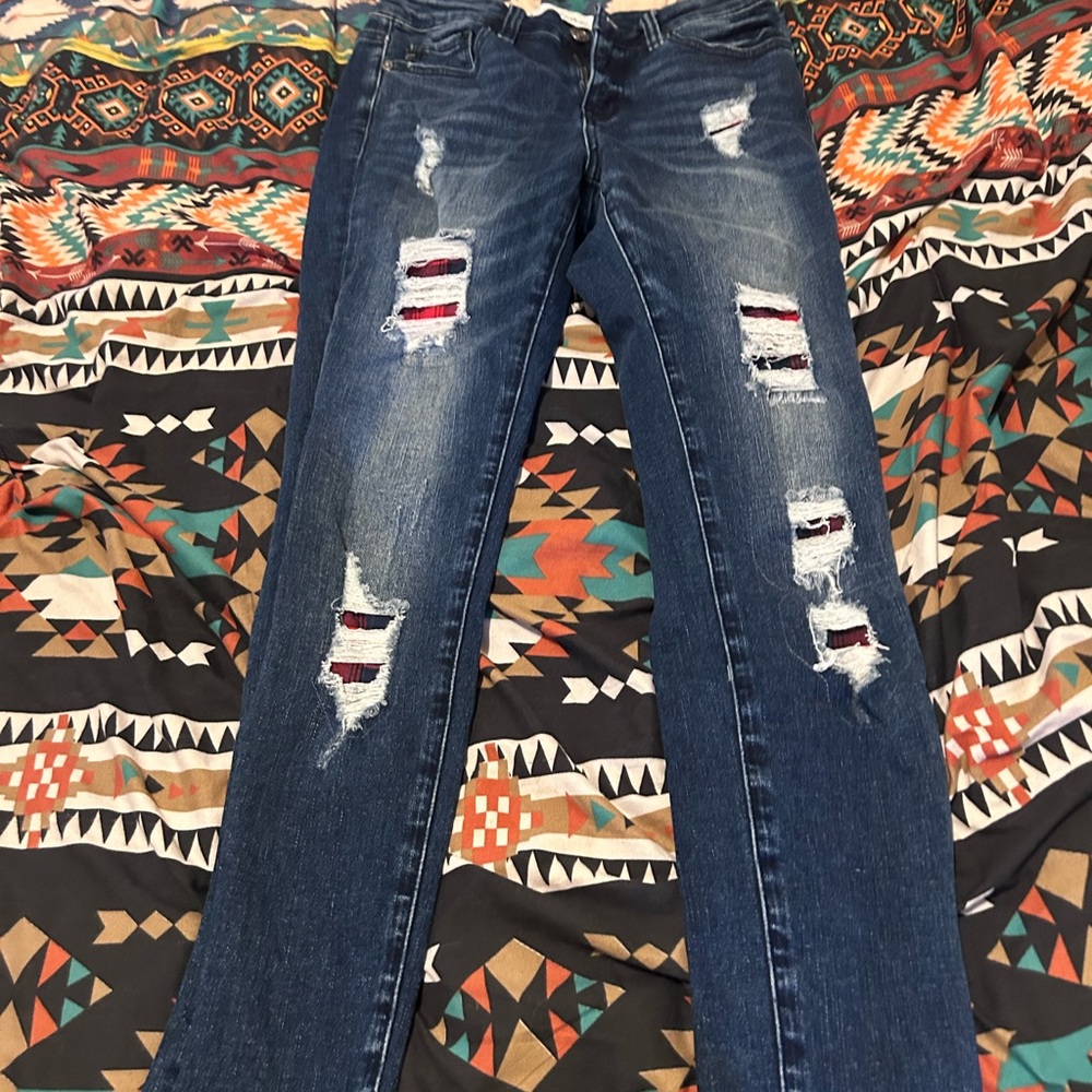 KanCan Blue Straight Leg Jeans with Distressed Details